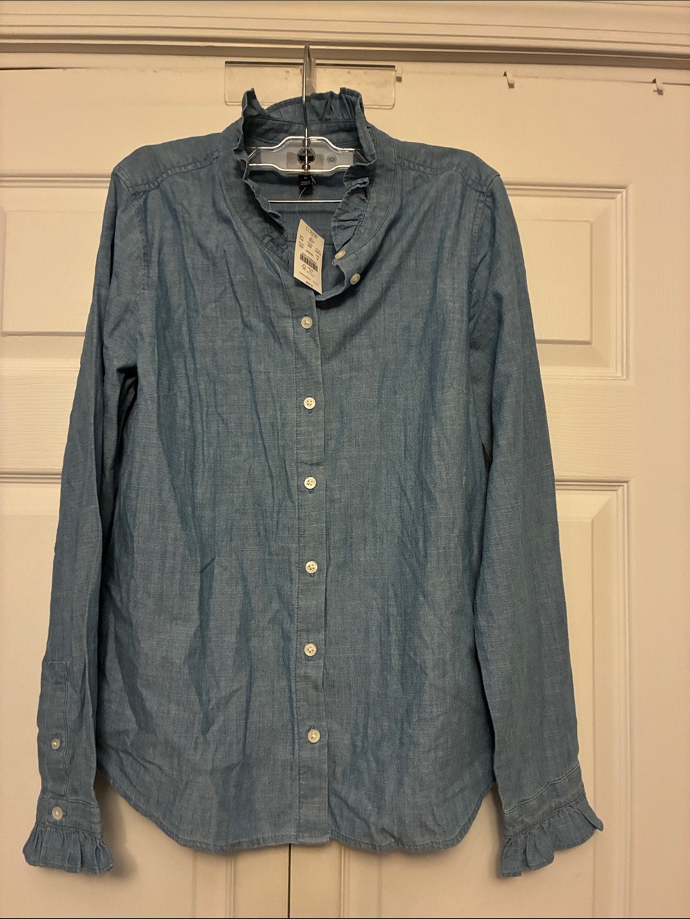 J.Crew Factory NWT Chambray Ruffle Button-Up Top Vista Blue Wash Medium M